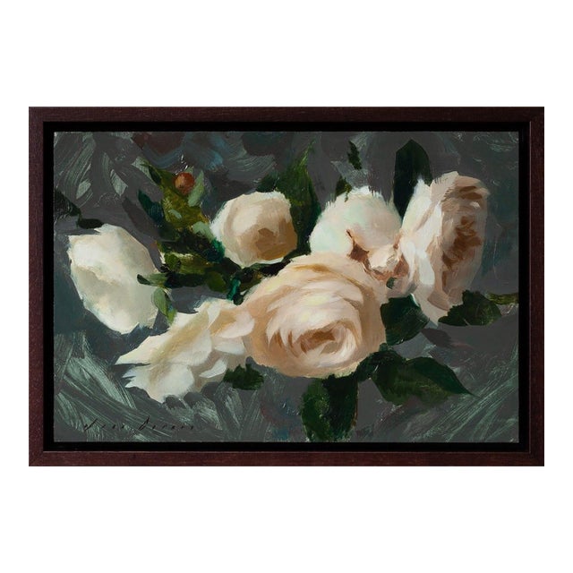Contemporary Roses II by Jon Doran | Oil on Panel Small White Roses Still Life For Sale