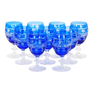 Val Saint Lambert Cobalt Blue Crystal Wine & Water Glasses Service for 9 People For Sale