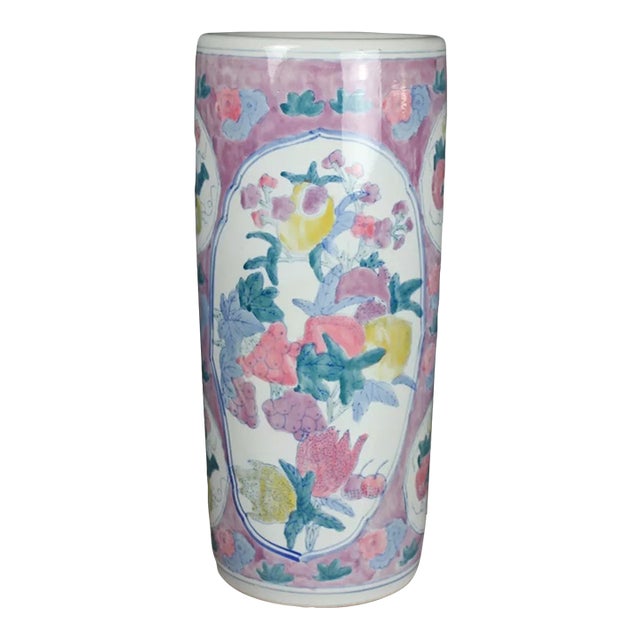 Late 20th Century Chinese Porcelain Hand Painted Floral Umbrella Stand For Sale
