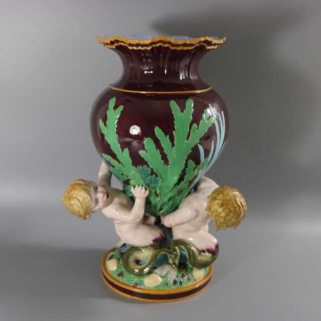 Minton Majolica Marine Vase With Merboys For Sale - Image 6 of 12