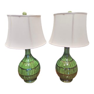 Mid Century Modern Emerald Green Ceramic Drip Glaze Large Table Lamps With Shades, a Pair For Sale