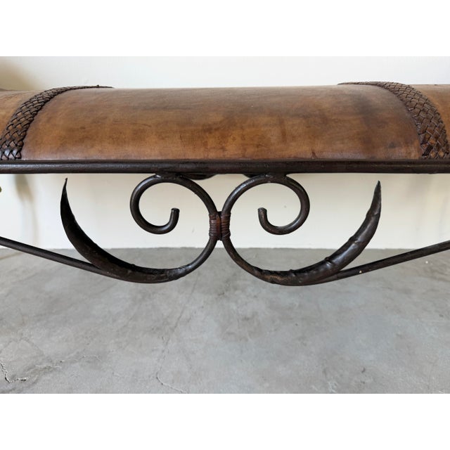 Vintage Rustic Wrought Iron & Leather Scroll Bench For Sale In Miami - Image 6 of 12