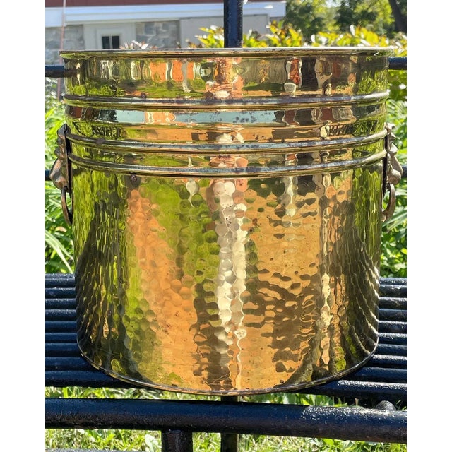 Large Vintage Single Seam Hammered Brass Planter With Lion Heads For Sale - Image 10 of 10