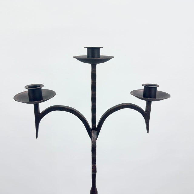 Rustic Hand Forged Iron Floor Candelabra 52″ (133cm) Antique Copper Patina 3-Arm Classic Plate Candle Holder Tall Rustic Decor For Sale - Image 3 of 7