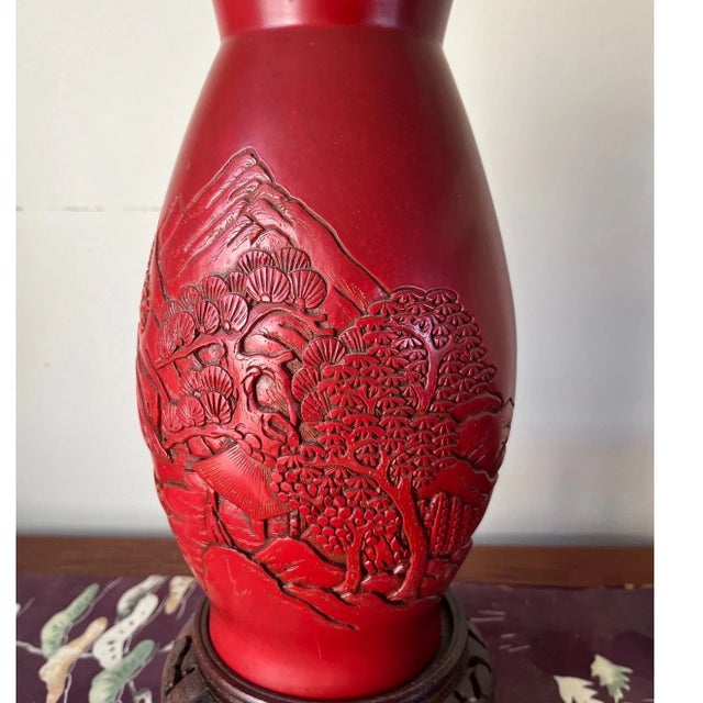 Vintage 12" Hand-Carved Cinnabar Lacquer Vase - Large Landscape & Pine Tree For Sale In San Francisco - Image 6 of 10