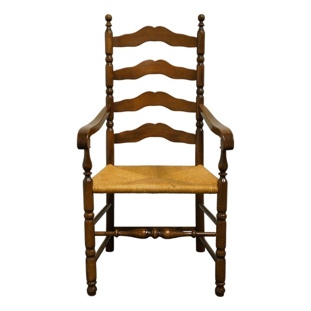 Ethan Allen Heirloom Nutmeg Maple Colonial Early American Ladderback Rush Seat Dining Arm Chair For Sale