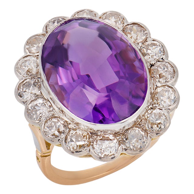 19th Century Victorian 11.40 Carat Amethyst Diamond 18k Yellow Gold Cluster Ring, Size 6.25 For Sale