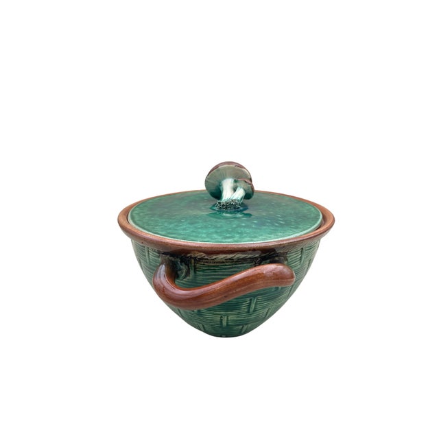 1930s 1930s Tellurite Green Mushroom Majolica Lidded Casserole Dish With Basket Weave For Sale - Image 5 of 14