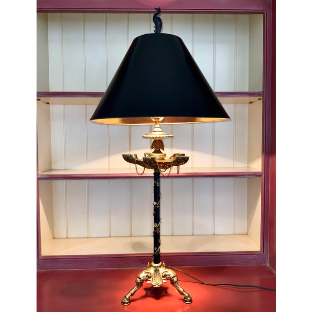 French Gothic Style Patinated Brass Candelabra Lamp. Ivy Vine Stem Panther Knees Hoof Feet Parchment Shade Bird of...