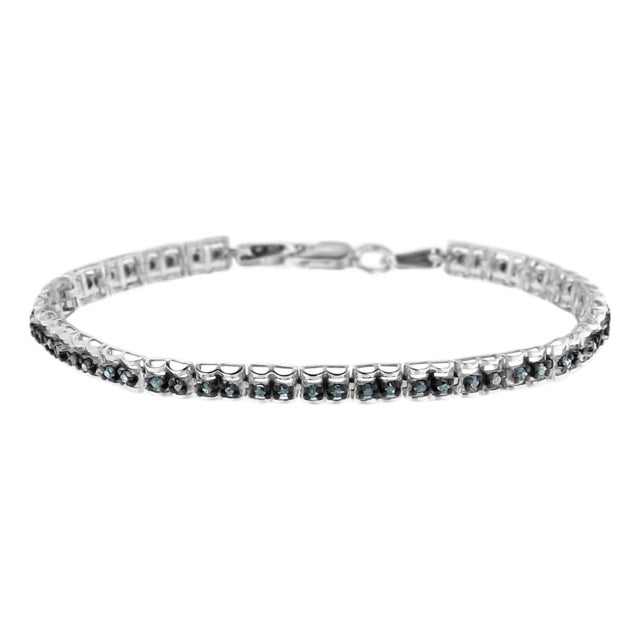 Black Rhodium over .925 Sterling Silver 1.0 Cttw Rose Cut Diamond Double-Link 7" Tennis Bracelet (Blue Color, I1-I2 Clarity) For Sale