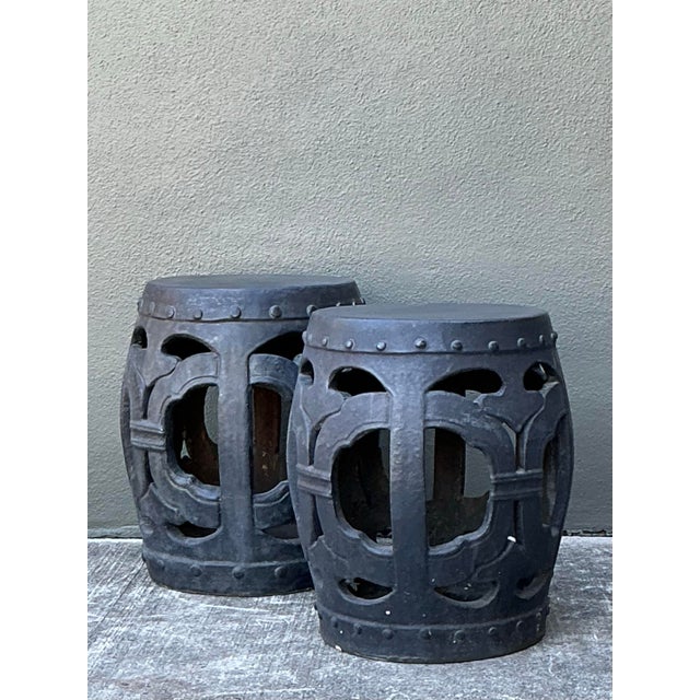 Vintage Linked Rings Matte Glazed Ceramic Garden Stools - A Pair For Sale - Image 12 of 12