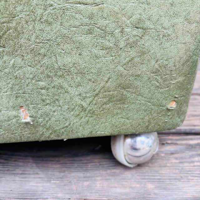 Plastic 1950s Mid Century Modern Green Vinyl Storage Ottoman Hassock With Casters For Sale - Image 7 of 18