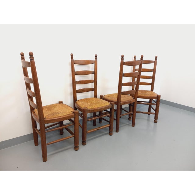 1960s Vintage Brutalist Dining Chairs in Wood and Straw by Charles Dudouyt, 1960s, Set of 4 For Sale - Image 5 of 15