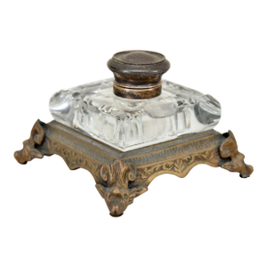 Early 20th Century Crystal Inkwell With Bronze Base