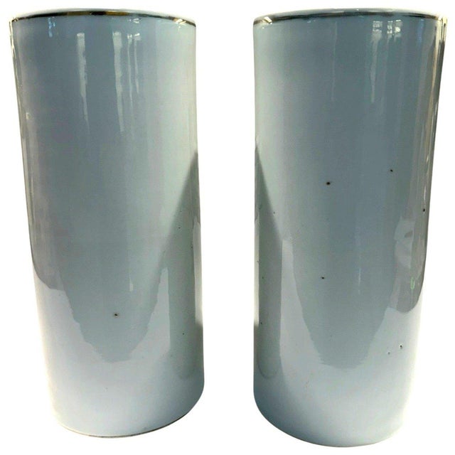 Vintage Chinese Famille Rose Porcelain Bird Peony Cylinder Vases Pair 11" For Sale - Image 4 of 14
