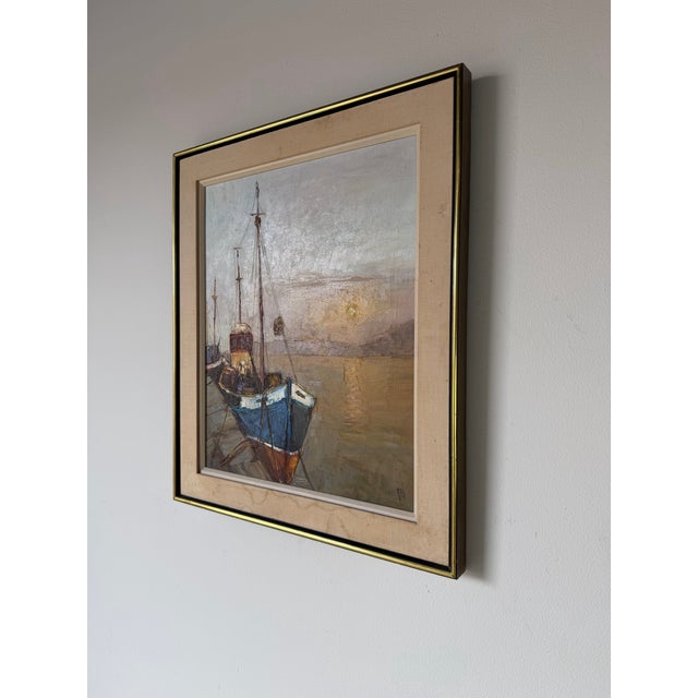 1970’s Vintage Yoli Sunset Harbor Scene Oil on Canvas Painting, Framed For Sale - Image 4 of 12