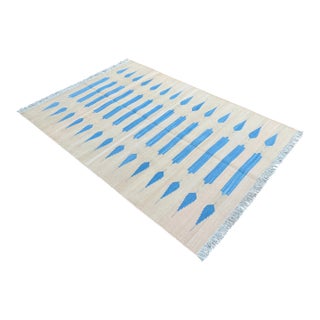 Not Yet Made - Made To Order Handmade Cotton Natural Vegetable Dyed Cream and Sky Blue Striped Rug - 4'x6' For Sale
