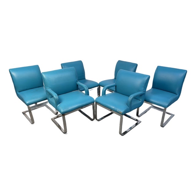 Vintage Blue Vinyl Flat Bar Chrome Dining Chairs - Set of 6 For Sale