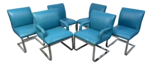Vintage Blue Vinyl Flat Bar Chrome Dining Chairs - Set of 6