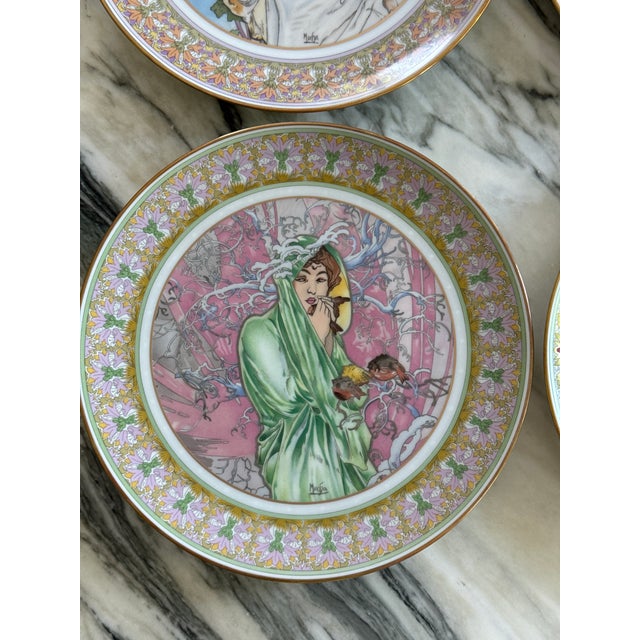 Light Green 1985 Alphonse Mucha Art Nouveau Ladies of the Seasons Decorative Wall Plates - Set of 4 For Sale - Image 8 of 18