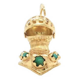Mid 20th Century 18k Yellow Gold Turquoise Medieval Knights Helmet Charm Pendant For Sale