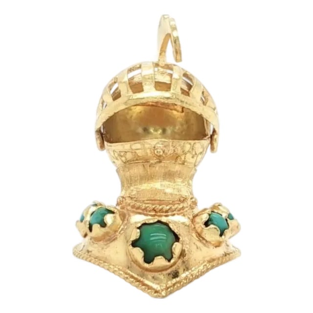 Mid 20th Century 18k Yellow Gold Turquoise Medieval Knights Helmet Charm Pendant For Sale