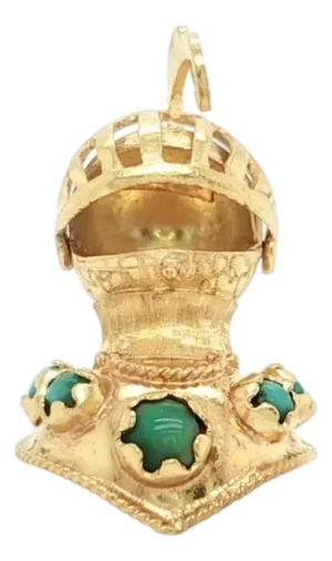 Mid 20th Century 18k Yellow Gold Turquoise Medieval Knights Helmet Charm Pendant