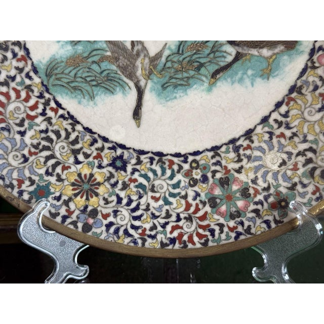 Late 19th Century Pair of Japanese Cloisonne Enamel Plates Chargers Ducks Pastel Floral Borders For Sale - Image 5 of 18