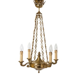 Early 20th Century French Empire Brass 4-Light Chandelier With Chains For Sale