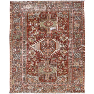 Antique Persian Heriz Rug Featuring Geometric Medallion Design in Rust and Ivory 4'8 X 6'2 For Sale