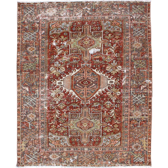 Antique Persian Heriz Rug Featuring Geometric Medallion Design in Rust and Ivory 4'8 X 6'2 For Sale