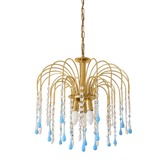 Vintage Chandelier with Blue Teardrop Crystals, 1970s For Sale