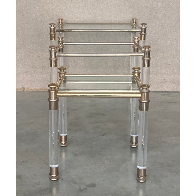 Set of Three Vintage Lucite an Brass Nesting Tables With Glass Top For Sale - Image 9 of 12