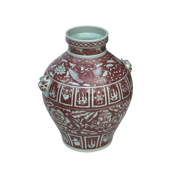 Chinese Vintage Copper Red Phoenix Flower Graphic Foo Dog Ear Ceramic Fat Pot Vase For Sale - Image 3 of 11