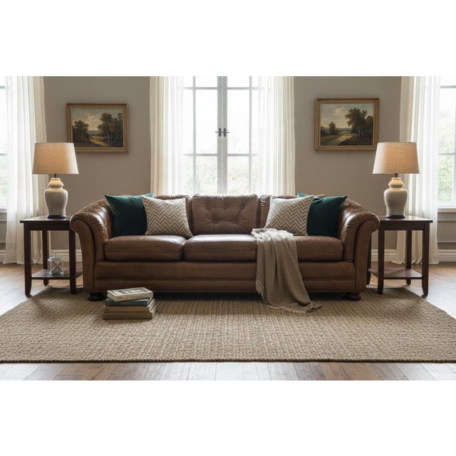 Vintage Chesterfield-Style Cognac Brown Leather Sofa With Button Tufting and Rolled Arms For Sale - Image 4 of 15