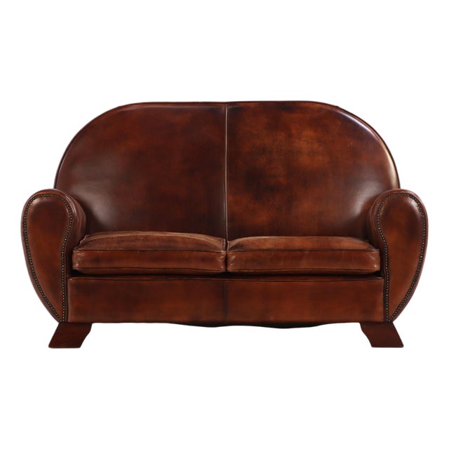 Dutch Art Deco Style Leather Loveseat, 1930s Modernist Form For Sale