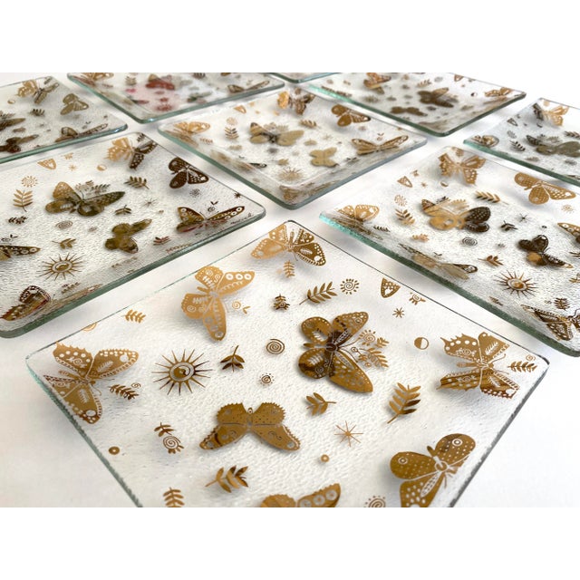 Mid-Century Modern Vintage 1960's Mid Century Modern Georges Briard Gold Leaf Butterflies Glass Canape Hors d'Oeuvre Square Plates - Set of 9 For Sale - Image 3 of 12