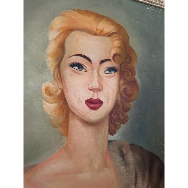 Original 1953 oil on canvas portrait signed KUBRA lower right. A mid-century glamour portrait of a blonde woman with...