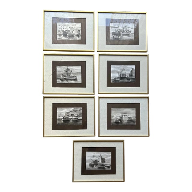 Vintage 1960’s Black & White Watercolors of Various Fishing Boats ~ Framed Set of 7 For Sale