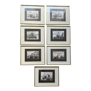 Vintage 1960’s Black & White Watercolors of Various Fishing Boats ~ Framed Set of 7