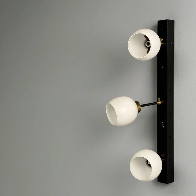Italian Mid-Century Modern, Three Light Wall Sconce, Painted Metal, Glass, 1950s For Sale - Image 4 of 10