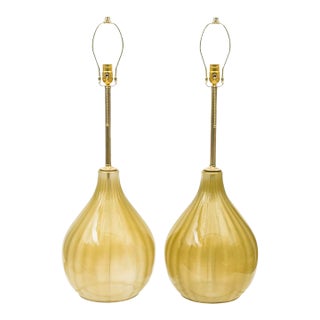 MId Century Modern Murano Glass, Brass and Lucite Bulbous Table Lamps, Restored, 1950's, Italy For Sale