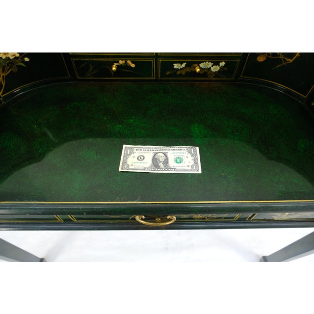 Emerald Green Lacquer Chinoiserie Desk Writing Table Console & Chair MINT For Sale - Image 17 of 18