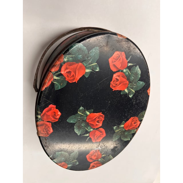 Wonderful vintage tin painted with red roses box or basket with handles.