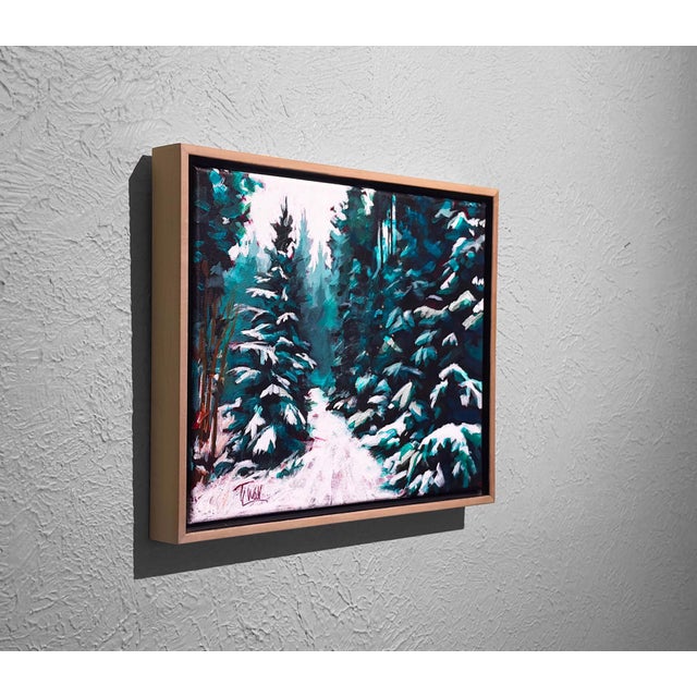 Contemporary Deck the Halls by Tracy Wall | Acrylic On Canvas Snowy forest scene with evergreens and a path. For Sale - Image 3 of 5