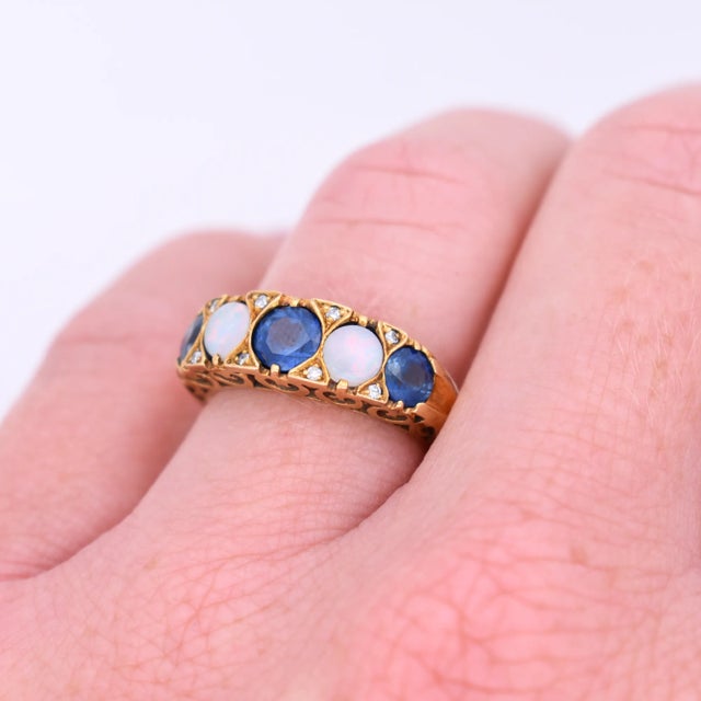 Vintage Garter Ring in Gold, Sapphires, Opals and Diamonds, Size 3.75 For Sale - Image 4 of 6