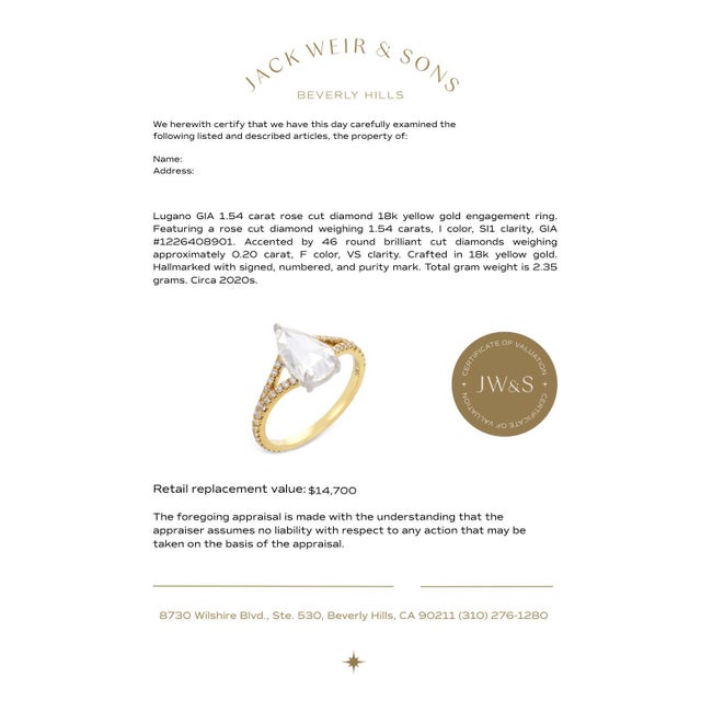 Gold Mid 20th Century Lugano Gia 1.54 Carat Rose Cut Diamond 18k Yellow Gold Engagement Ring, Size 6 For Sale - Image 8 of 8