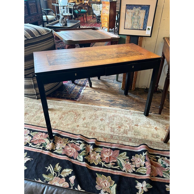 Wood Handsome Vintage Burl and Inlaid Desk With Ebonized Base For Sale - Image 7 of 11