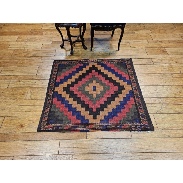 Textile Vintage Persian Sofreh Qashqai Tribal Kilim, Handwoven Wool, Geometric Multicolor Pattern, 4’ X 4’ For Sale - Image 7 of 9