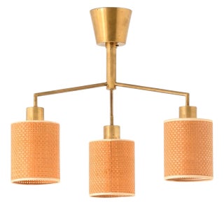 Scandinavian Modern Chandelier in Brass and Cane attributed to Hans Bergström, 1950s For Sale